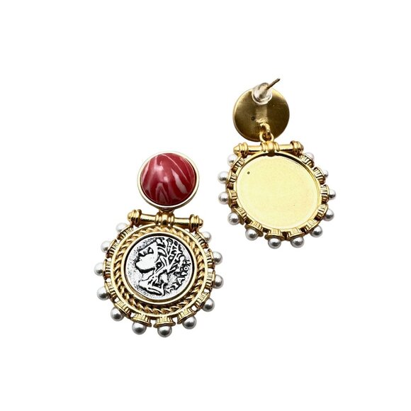 Womens Earrings Pierced Roman Coin Faux Pearl Pink Gold Tone Chandelier - Picture 3 of 4